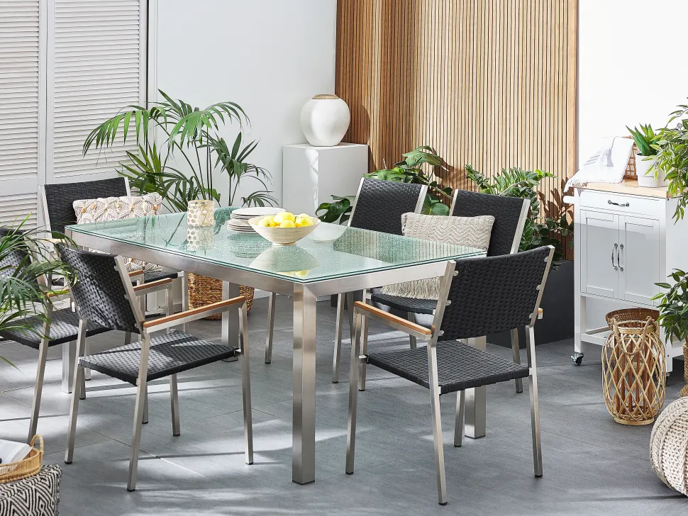 Gartenmöbel Set Crashglas 180 X 90 Cm 6-Sitzer Stühle Rattan Schwarz Grosseto