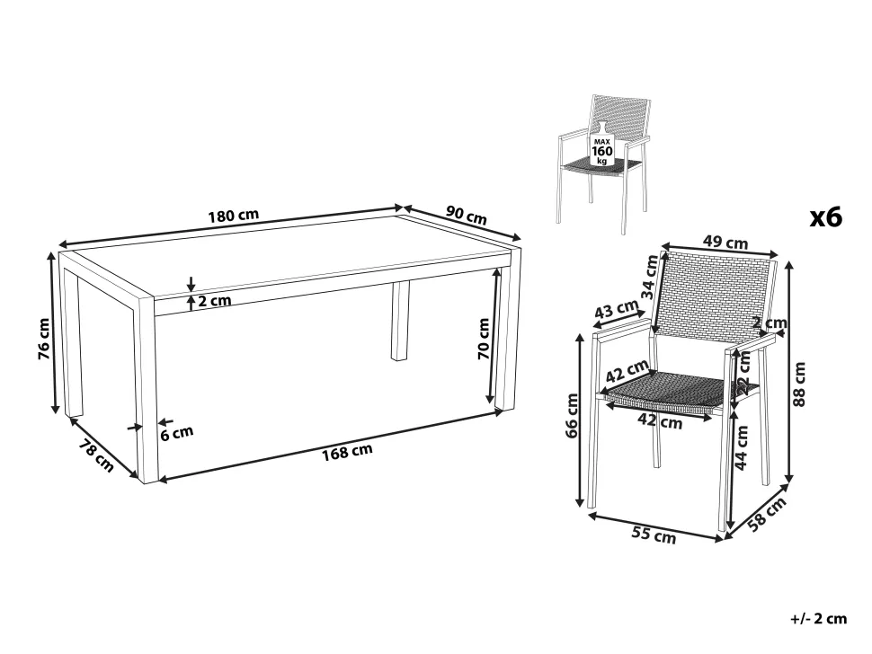 Gartenmöbel Set Crashglas 180 X 90 Cm 6-Sitzer Stühle Rattan Schwarz Grosseto