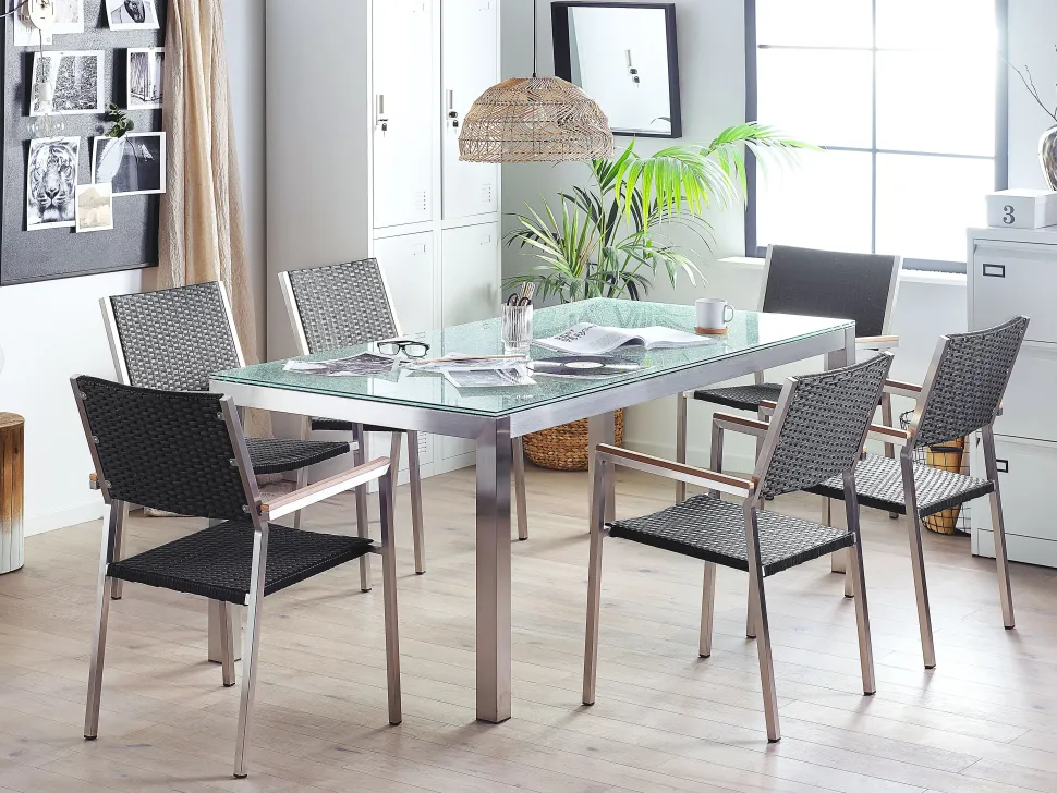 Gartenmöbel Set Crashglas 180 X 90 Cm 6-Sitzer Stühle Rattan Schwarz Grosseto