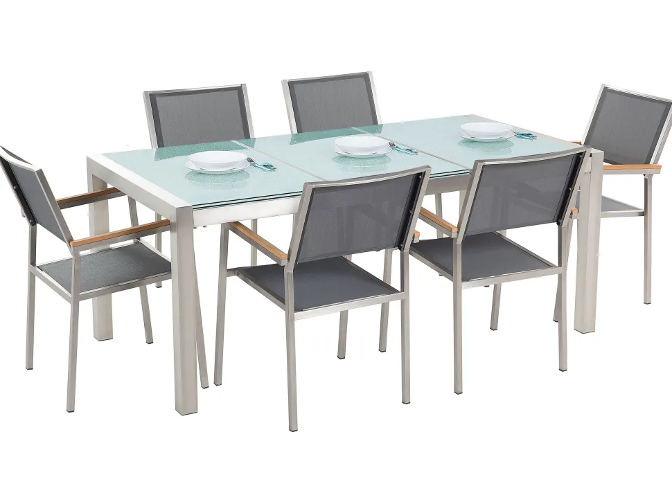 Gartenmöbel Set Crashglas 180 X 90 Cm 6-Sitzer Stühle Textilbespannung Grau Grosseto