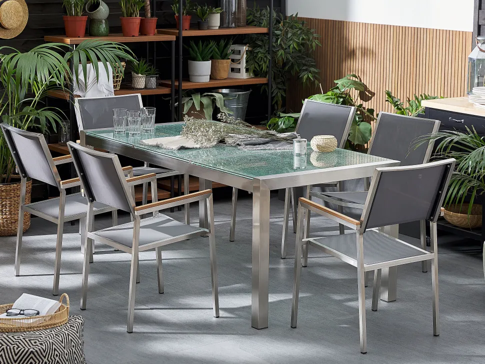Gartenmöbel Set Crashglas 180 X 90 Cm 6-Sitzer Stühle Textilbespannung Grau Grosseto