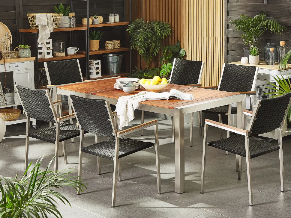 Gartenmöbel Set Eukalyptusholz 180 Cm 6-Sitzer Rattan Schwarz Grosseto