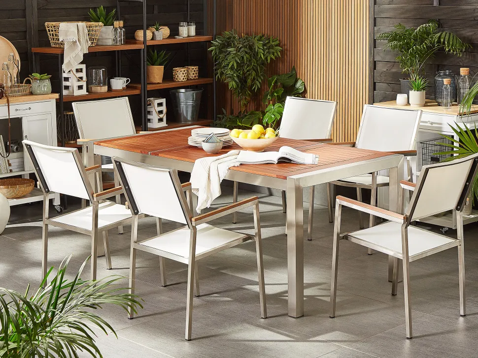 Gartenmöbel Set Eukalyptusholz 180 Cm 6-Sitzer Textilbespannung Weis Grosseto