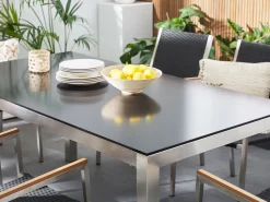 Gartenmöbel Set Glasplatte Schwarz 180 X 90 Cm 6-Sitzer Stühle Textilbespannung Schwarz Grosseto