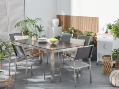 Gartenmöbel Set Glasplatte Schwarz 180 X 90 Cm 6-Sitzer Stühle Textilbespannung Grau Grosseto