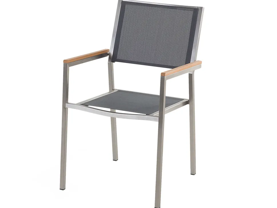 Gartenmöbel Set Glasplatte Schwarz 180 X 90 Cm 6-Sitzer Stühle Textilbespannung Grau Grosseto