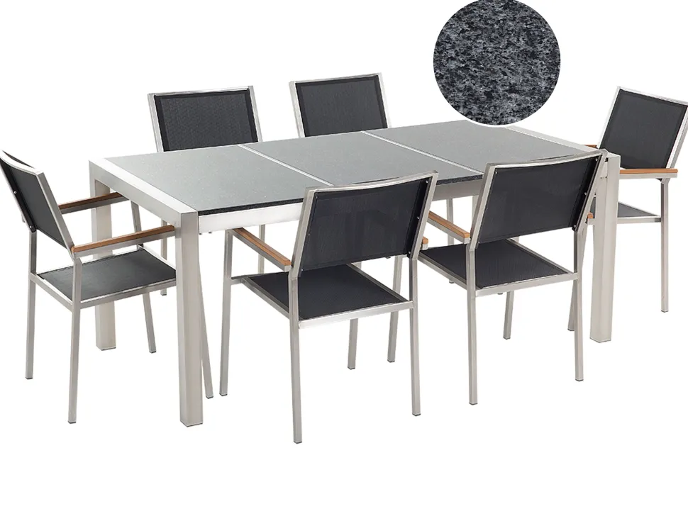 Gartenmöbel Set Granit Grau Poliert 180 X 90 Cm 6-Sitzer Stühle Textilbespannung Grosseto