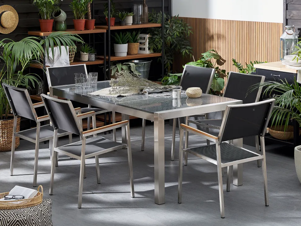 Gartenmöbel Set Granit Grau Poliert 180 X 90 Cm 6-Sitzer Stühle Textilbespannung Grosseto