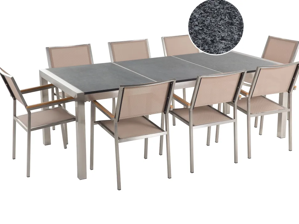 Gartenmöbel Set Granit Grau Poliert 220 X 100 Cm 8-Sitzer Stühle Textilbespannung Beige Grosseto