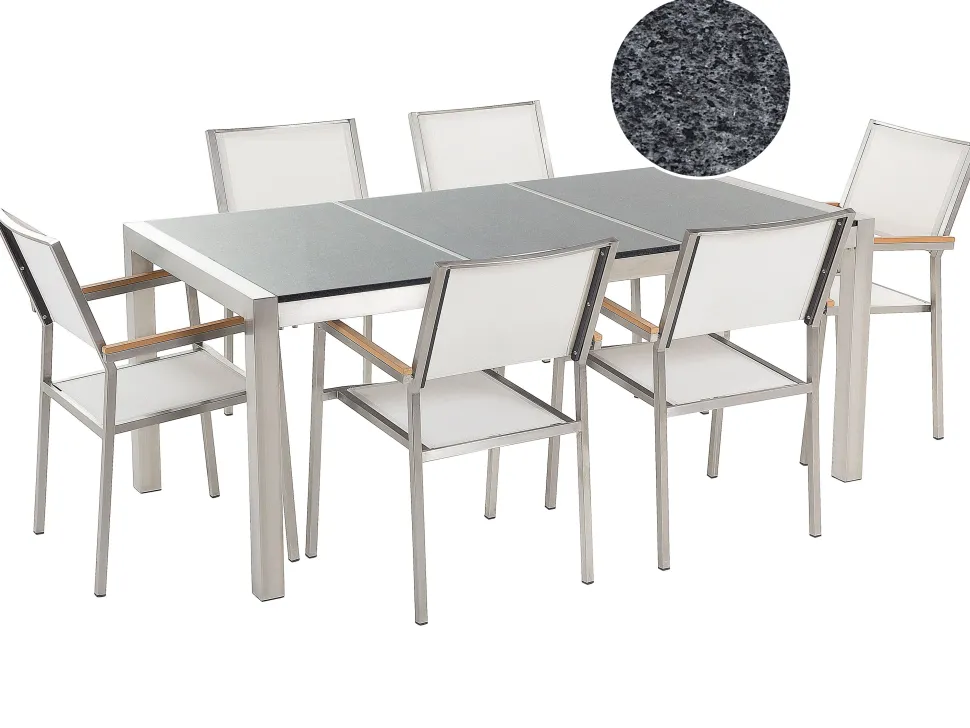 Gartenmöbel Set Grau Granit Poliert 180 X 90 Cm 6-Sitzer Stühle Textilbespannung Weis Grosseto