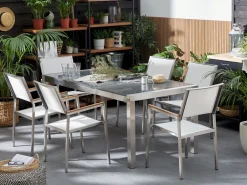 Gartenmöbel Set Grau Granit Poliert 180 X 90 Cm 6-Sitzer Stühle Textilbespannung Weis Grosseto