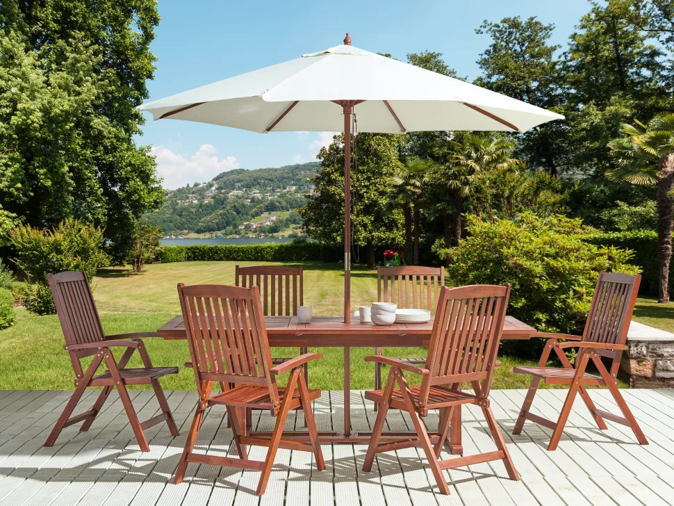 Gartenmöbel Set Mit Sonnenschirm Akazienholz Dunkelbraun 6-Sitzer Toscana