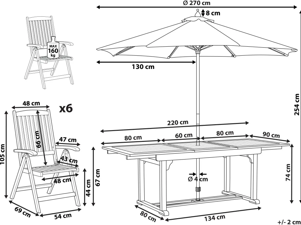 Gartenmöbel Set Mit Sonnenschirm Akazienholz Dunkelbraun 6-Sitzer Toscana