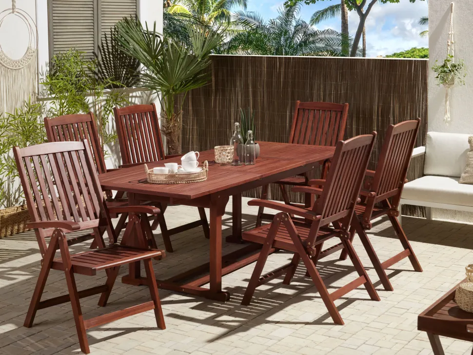 Gartenmöbel Set Mit Sonnenschirm Akazienholz Dunkelbraun 6-Sitzer Toscana