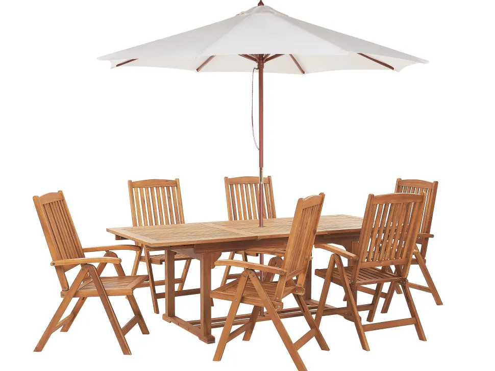 Gartenmöbel Set Mit Sonnenschirm Akazienholz Hellbraun 6-Sitzer Java