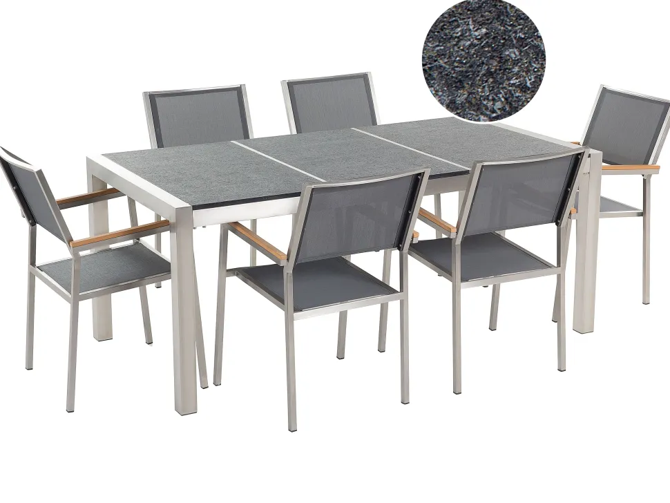 Gartenmöbel Set Naturstein Schwarz Geflammt 180 X 90 Cm 6-Sitzer Stühle Grau Grosseto