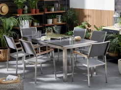 Gartenmöbel Set Naturstein Schwarz Geflammt 180 X 90 Cm 6-Sitzer Stühle Grau Grosseto