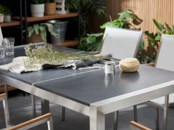 Gartenmöbel Set Naturstein Schwarz Geflammt 180 X 90 Cm 6-Sitzer Stühle Grau Grosseto