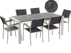 Gartenmöbel Set Naturstein Schwarz Geflammt 180 X 90 Cm 6-Sitzer Stühle Textilbespannung Grosseto