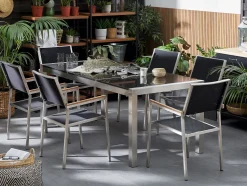 Gartenmöbel Set Naturstein Schwarz Geflammt 180 X 90 Cm 6-Sitzer Stühle Textilbespannung Grosseto
