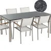 Gartenmöbel Set Naturstein Schwarz Geflammt 180 X 90 Cm 6-Sitzer Stühle Textilbespannung Weis Grosseto