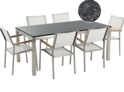 Gartenmöbel Set Naturstein Schwarz Geflammt 180 X 90 Cm 6-Sitzer Stühle Textilbespannung Weis Grosseto