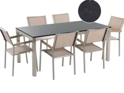 Gartenmöbel Set Naturstein Schwarz Poliert 180 X 90 Cm 6-Sitzer Stühle Textilbespannung Beige Grosseto