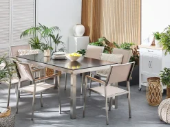 Gartenmöbel Set Naturstein Schwarz Poliert 180 X 90 Cm 6-Sitzer Stühle Textilbespannung Beige Grosseto
