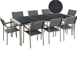 Gartenmöbel Set Naturstein Schwarz Poliert 220 X 100 Cm 8-Sitzer Stühle Textilbespannung Grau Grosseto