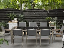 Gartenmöbel Set Naturstein Schwarz Poliert 220 X 100 Cm 8-Sitzer Stühle Textilbespannung Grau Grosseto