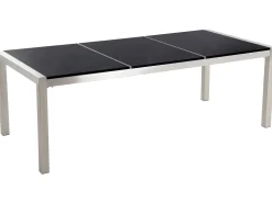 Gartenmöbel Set Naturstein Schwarz Poliert 220 X 100 Cm 8-Sitzer Stühle Textilbespannung Weis Grosseto