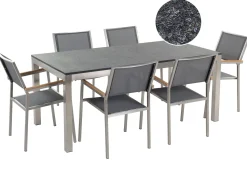 Gartenmöbel Set Naturstein Schwarz Geflammt 180 X 90 Cm 6-Sitzer Stühle Textilbespannung Grau Grosseto