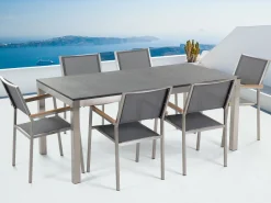 Gartenmöbel Set Naturstein Schwarz Geflammt 180 X 90 Cm 6-Sitzer Stühle Textilbespannung Grau Grosseto
