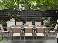 Gartenmöbel Set Naturstein Schwarz Geflammt 220 X 100 Cm 8-Sitzer Stühle Beige Textilbespannung Grosseto