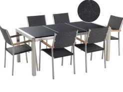Gartenmöbel Set Naturstein Schwarz Poliert 180 X 90 Cm 6-Sitzer Stühle Rattan Grosseto