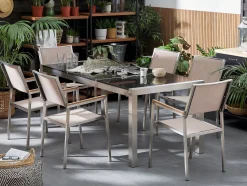 Gartenmöbel Set Naturstein Schwarz Poliert 180 X 90 Cm 6-Sitzer Stühle Beige Grosseto