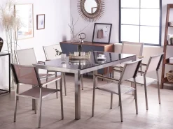 Gartenmöbel Set Naturstein Schwarz Poliert 180 X 90 Cm 6-Sitzer Stühle Beige Grosseto