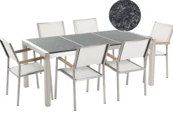 Gartenmöbel Set Naturstein Schwarz Geflammt 180 X 90 Cm 6-Sitzer Stühle Weis Grosseto