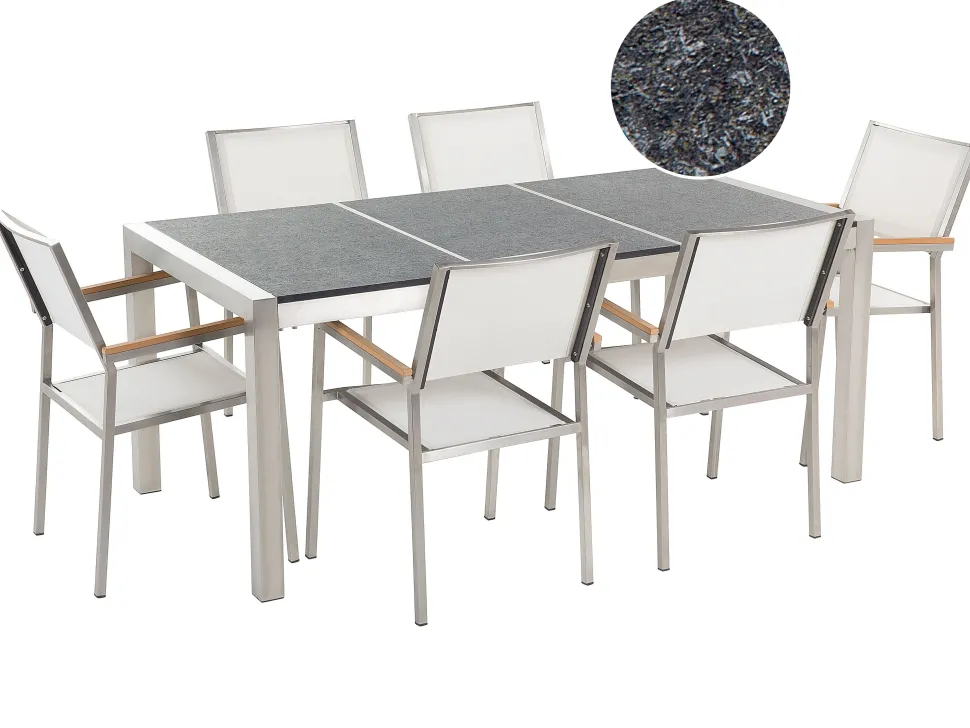 Gartenmöbel Set Naturstein Schwarz Geflammt 180 X 90 Cm 6-Sitzer Stühle Weis Grosseto