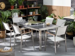 Gartenmöbel Set Naturstein Schwarz Geflammt 180 X 90 Cm 6-Sitzer Stühle Weis Grosseto