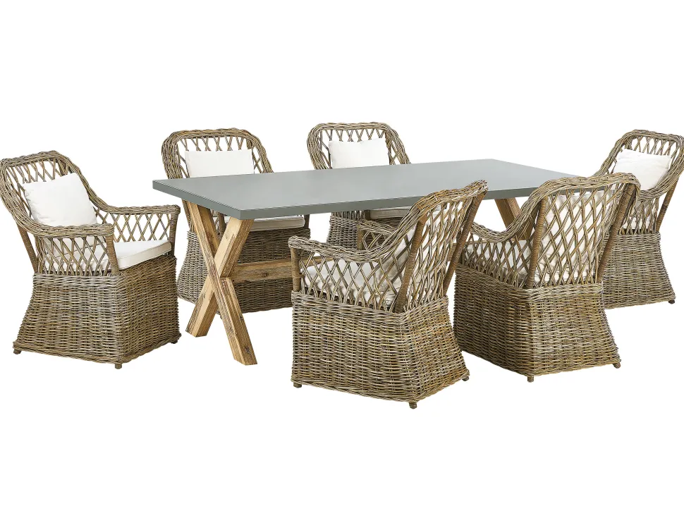 Gartenmöbel Set Rattan Naturlich 6-Sitzer Auflagen Cremeweis Maros/Olbia