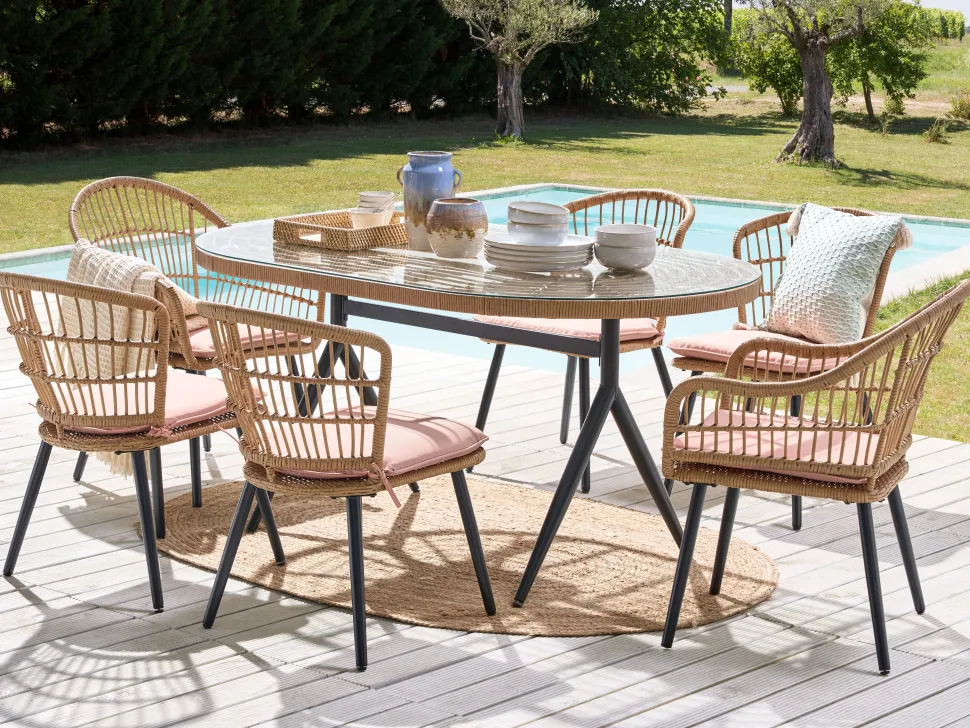 Gartenmöbel Set Rattan Naturlich 6-Sitzer Auflagen Rosa Aliano Ii