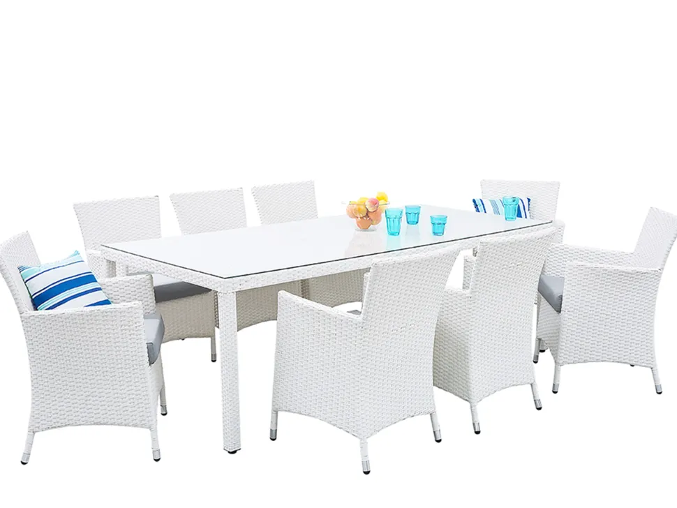 Gartenmöbel Set Rattan Weis 220 X 100 Cm 8-Sitzer Auflagen Grau Italy