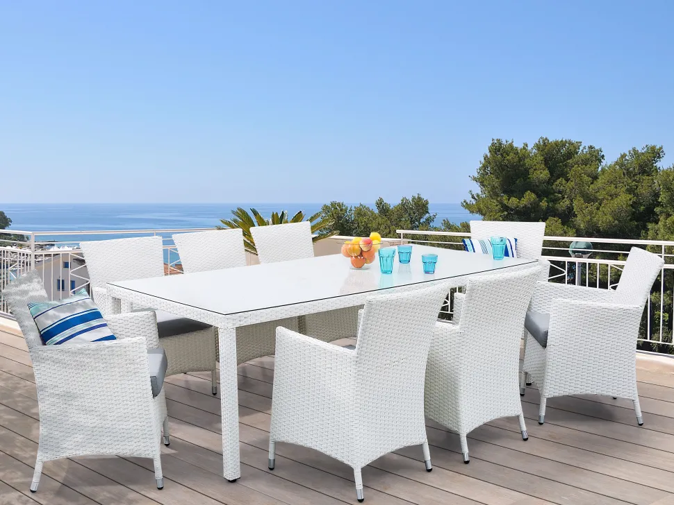 Gartenmöbel Set Rattan Weis 220 X 100 Cm 8-Sitzer Auflagen Grau Italy