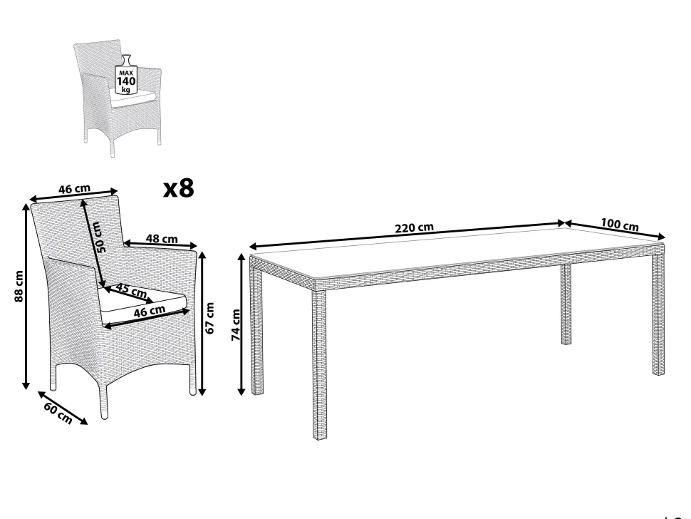 Gartenmöbel Set Rattan Weis 220 X 100 Cm 8-Sitzer Auflagen Grau Italy
