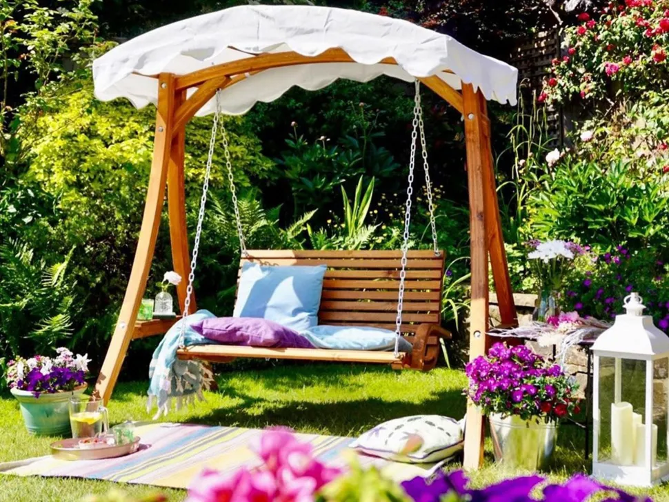 Gartenschaukel Larchenholz Dunkelbraun Sonnendach Beige Andria