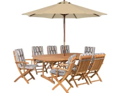 Gartenset Akazienholz Hellbraun 8-Sitzer Auflagen Dunkelblau-Beige Sonnenschirm Maui