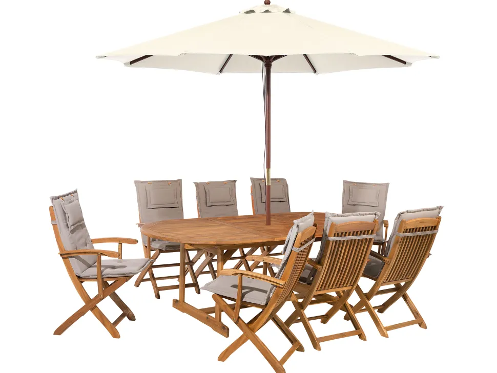 Gartenset Akazienholz Hellbraun 8-Sitzer Auflagen Grau-Beige Sonnenschirm Maui