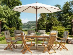 Gartenset Akazienholz Hellbraun 8-Sitzer Auflagen Grau-Beige Sonnenschirm Maui