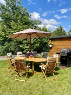 Gartenset Akazienholz Hellbraun 8-Sitzer Auflagen Grau-Beige Sonnenschirm Maui
